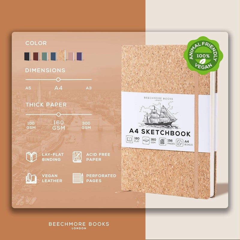 Beechmore Books دفتر رسم A4 – 8.5x11 جلد نباتي فاخر كبير مع 156 صفحة سميكة 160gsm بيج كريم مثقبة، دفتر رسم فارغ، مع صندوق هدايا، جيب خلفي، علامة مرجعية من الشريط - Image 2